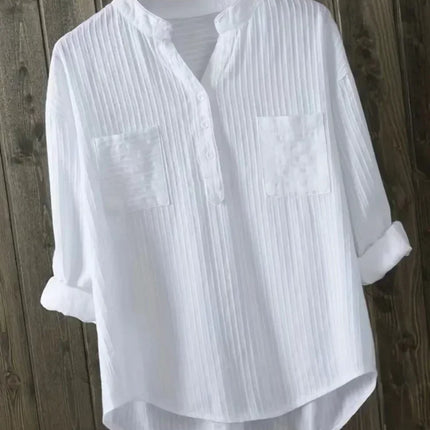 Plus Size Women's Shirts 2025 New Korean Style Loose Cotton Blouse clothing Casual Mujer Office Long Sleeve Vertical V-neck Tops