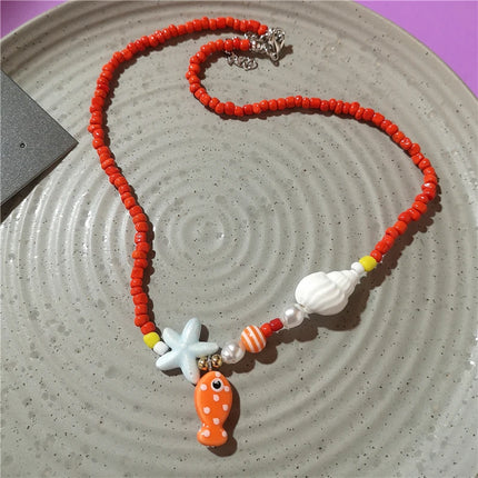 Cute Orange Ceramic Fish Starfish Pendant Beaded Choker Necklace For Women Seaside Vacation Bohemian Harajuku Charm Accessories