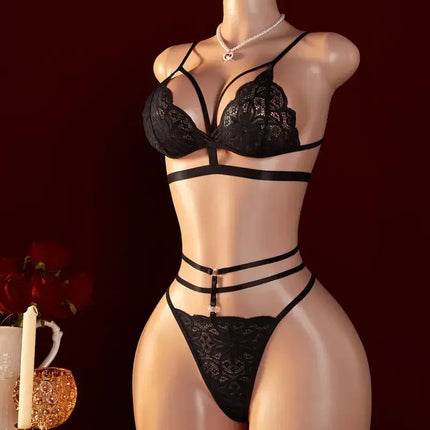Sexy Lingerie Open Bra Set Transparent Lace  Deep V Open Bra And Panty Sets Erotic Costumes Women Sleepwear Plus Size Underwear