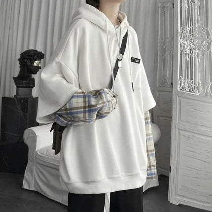 Women's Clothing Fake Two Hoodies Patchwork Plaid Hooded Oversized Tops Korean Y2K Clothes for Teens Harajuku Casual Sweatshirt