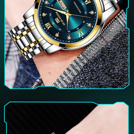 VA VA VOOM Luxury Watch Men Gold Blue Rhinestone Stainless Steel Business Style Original Quartz Movement Week Couple Men Watches