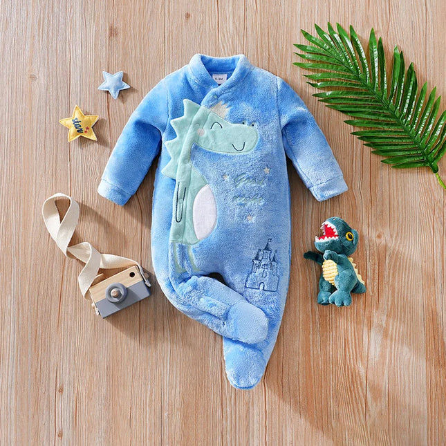 Baby Clothes Cute Cartoon 3D Dinosaur Flannel Soft 0-18 Months Boys and Girls Autumn and Winter Long-Sleeved Footed Jumpsuit