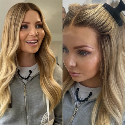 New Style Ombre Golden Blonde Highlight Wig with Natural Brown Roots High Quality Synthetic HD Lace Front Wig 150% Density 24''