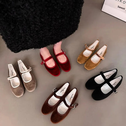 Vintage Flat Velvet Korean Style Mary's Single Shoes Women's 2024 New Spring Autumn Winter Red Warm Evening Shoes
