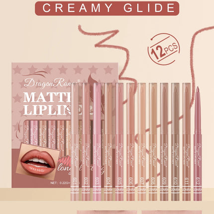 12-Piece Lip Liner Set for Outlining Lip Shapes, Beginner-Friendly, Natural and Delicate, Waterproof Matte Nude Lip Liner Set