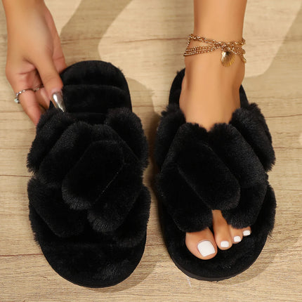 Women's Furry Slippers Homen Women Cross Fur Flip Flops Indoor Light EVA Soft Flat Shoes Autumn Winter Non Slip fluffy Slides