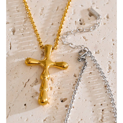 Yhpup High Quality Textured Waterproof Stainless Steel Cross Pendant Necklace Jewelry for Women PVD Plated Handmade Polished