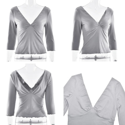 Absobe Women Sexy Deep V Half Sleeve T-shirt Backless Side Split Slim Solid Color 2026 Spring Summer Casual Top Streetwear