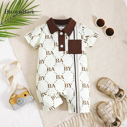 1-24 Months Newborn Baby Boy Fashion Romper Short Sleeved Flip Collar Letter Print Light Luxury Jumpsuit Toddlers Summer Clothes