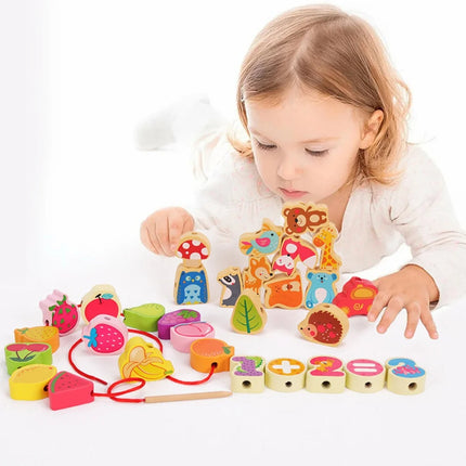 Montessori Educational Stringing Threading Wooden Beads Toys Cartoon Fruit Animal DIY Early Learning Toy for Kids Christmas Gift