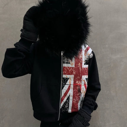 2025 Leather Collar National Flag Printed Zipper Sweatshirt Long Sleeve Pullover Hoodie Retro Jacket Street Y2K Popular Haircoat
