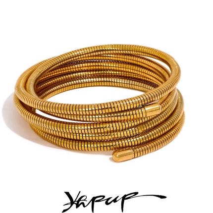 Yhpup Stainless Steel Stackable Multi-Layer Wrap Arm Bracelet Bangle Metal Elastic Waterproof Fashion Unisex Jewelry Men Women