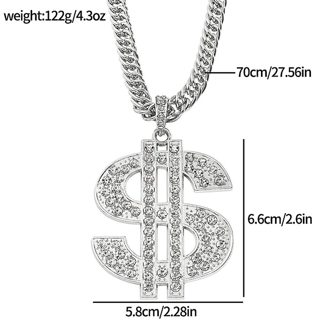 Men's Punk Hip Hop Silver Plated Pendant Necklace with Personalized Dollar Sign Rock Jewelry Rap Gift