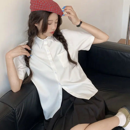 Summer White Loose Fit Shirt American Versatile Salt Series All-Match Pure Color Simple Slimming Student Top Women's Fashion