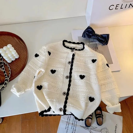 Baby Girl Knit Cardigan Korean Style Heart Pattern Long Sleeve Open Front Sweater Warm Winter Jacket for Toddler Girls