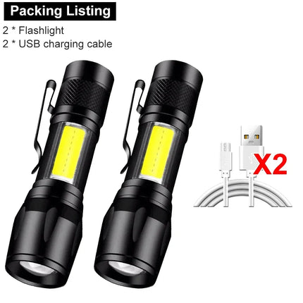 USB Rechargeable Mini Flashlight COB+XPE Portable Built-in Battery Zoomable Small Torch 3 Mode Camping Emergency Flashlights
