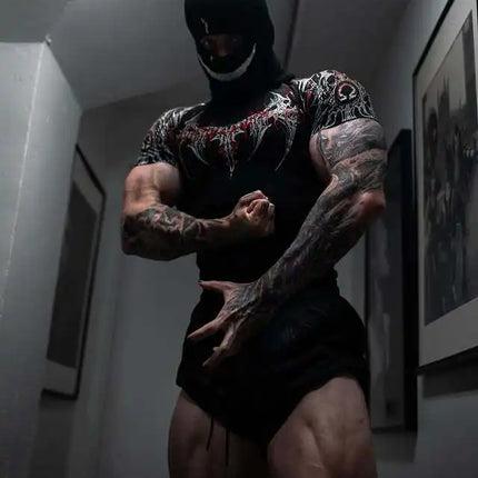 GYM T-shirt Men's Dark Gothic Print Muscle Tee  High Elasticity And Quick Drying Exercise For Bodybuilding Training 2025 Summer
