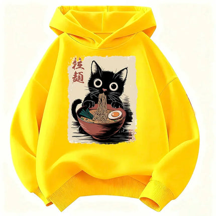 Retro Japanese Ramen Cat Hoodie Manga Kids Cat Children's Sweatshirt Cute Hoody for Boys Girls Autumn Winter Casual Hoodies