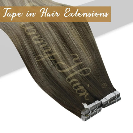 VeSunny Tape in Hair Extensions Human Hair Balayage Color Real Natural Hair Skin Weft Straight Seamless Remy Hair Extensions