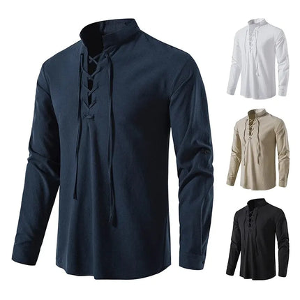 King Billion Men's Shirts Casual Men Cotton Linen Long Sleeve T-shirt Spring Autumn Vintage Shirt US Size Drawstring Neck