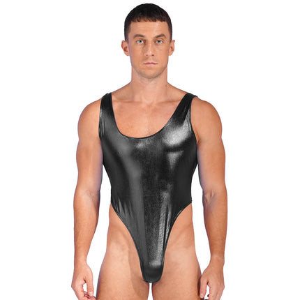 Mens Glossy Bodysuit Fashion One-piece Swimsuit Sleeveless High Cut Wetlook Faux Leather Stretch Leotard Unitard Bathing Suit