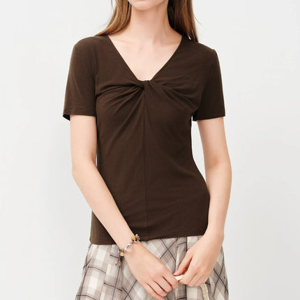 FSLE 2026 Spring Summer Women's Slim Fit V-Neck Short Sleeve Knit Top Mulberry Silk Cupro Blend Shirt for Lightweight Soft Touch