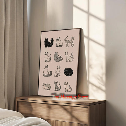 Funny Cats Cartoon Minimalist Drawing Lazy Cat in Bed Cozy Bedroom Pets Lovers Poster Canvas Painting Wall Pictures Home Decor