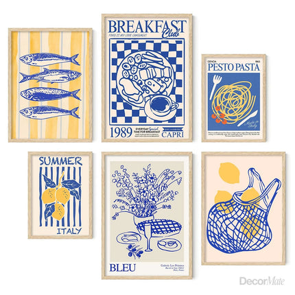 La Dolce Vita Kitchen Prints Retro Italian Foodie Art Poster Coastal Decor Blue & Yellow Gallery Wall Canvas Painting