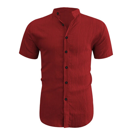2026 New Men Vertical Wrinkle Textured Mandarin Collar Short Sleeve Button Shirt Loose Fit Summer Beach Travel Daily Casual Top