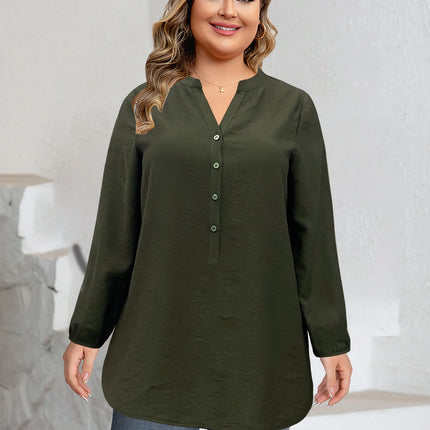 Plus Size Women's Solid Color V Neck Buttoned Long Sleeve Tunic Top Casual Slimming Daily Shirt
