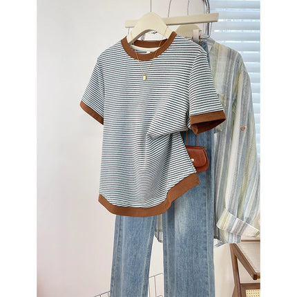 2026 New Women's Loose Fit Casual Stripe Short Sleeve T-Shirt Comfortable Breathable Cotton Polyester Blend Summer Top