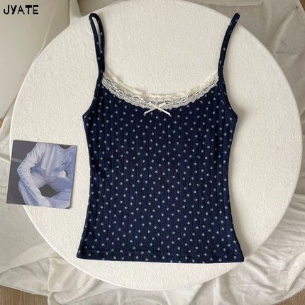 Sweet Floral Print Eyelet Bow Cropped Vests Women Cotton Casual Slim Lace Trim Tank Tops Vintage Preppy Style Cute Camisole Y2K