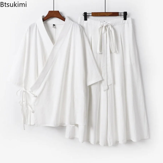 2026 Chinese Style Men's Linen Suit Tang Style Zen Style Hanfu Taoist Long Robe Top Pants Cotton and Linen Loose Two-piece Set