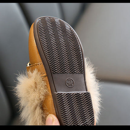 Kids Fur Shoes Children Velvet Shoes Baby Girls Warm Flats Toddler Black Brand Shoes Princess Loafer Chain Moccasin For Winter