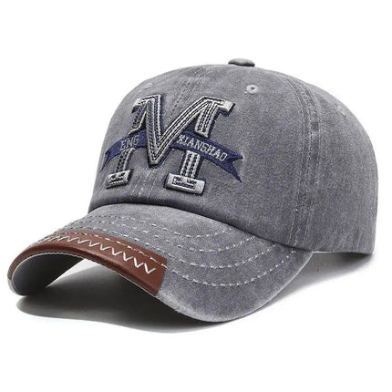 Vintage Washed Cotton Baseball Cap Men Women Letter M Embroidery Dad Hat Retro Leather Brim Edge Snapback Sun Hat Gorras Bone