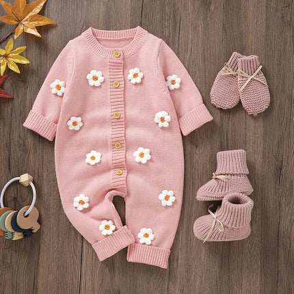 Citgeett Spring Infant Baby Girls Knit Romper Long Sleeve Button Flower Fall Jumpsuit Sweater Pink Clothes