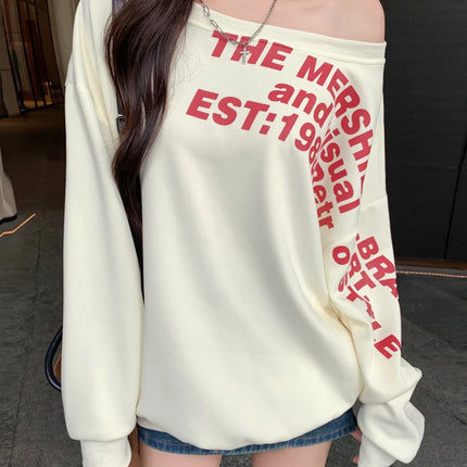 Sexy Oversized T-shirt Women Streetwear Letter Print Skew Collar Off Shoulder Long Sleeve Basic Top Korean Fashion Loose T-shirt