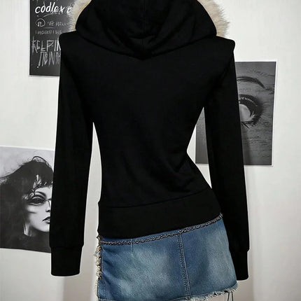Y2K Harajuku Gothic Women's Hoodie Sexy Slim Chic Suede Fur Collar Letter Print Cardigan Sweatshirt  Female Streetwear