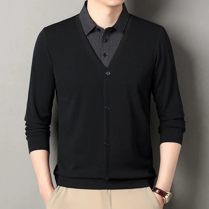 2026 New Men's Fake Two Piece Polo Shirt Casual Fashion Long Sleeve Collar T-shirt Versatile Top