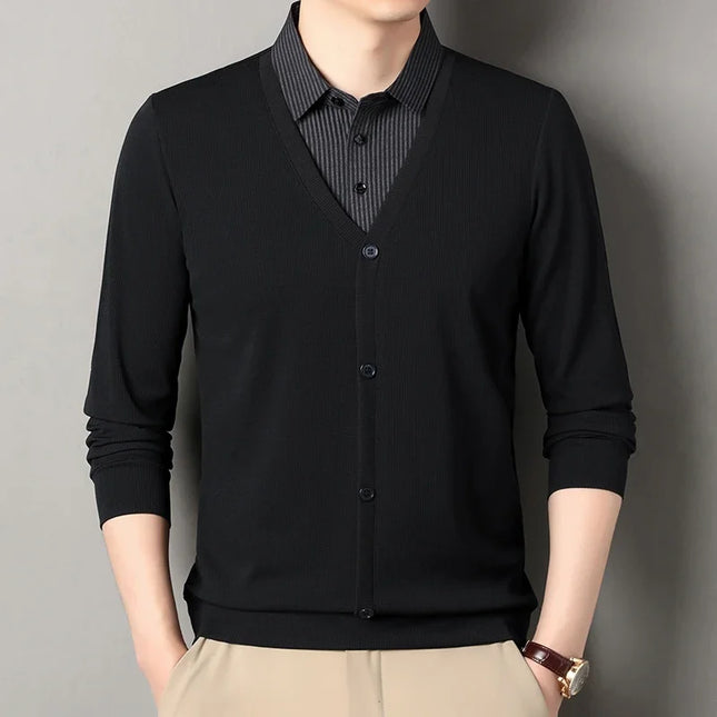 2026 New Men's Fake Two Piece Polo Shirt Casual Fashion Long Sleeve Collar T-shirt Versatile Top