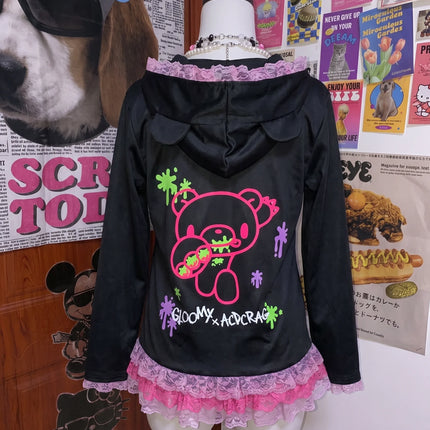 Spring Autumn Japanese Y2K Subculture Coat Women's Long Sleeve Lace Cartoon Bear Hoodie Fashion Harajuku Punk Loose Coat Kawaii