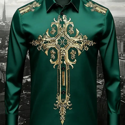 New men's gold printed shirt, soft fabric, comfortable, luxurious, high-quality, long sleeved button up party dress shirt
