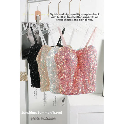 Small Sequin Ball One-Piece Fixed Vest Wrap Chest Base Layer Brtte for Girls Summer Outing ort High Elastic Polye...