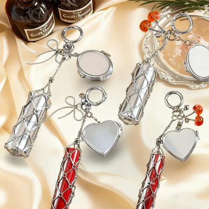 Hot Sale Original Design Bag Pendant Ins Popular Silver Love Mirror Metal Mesh Lipstick Storage Keychain Ring Cross Border