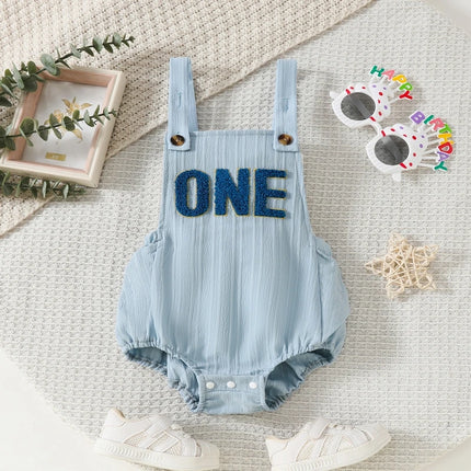 Pudcoco Infant Baby Girls Boys One Birthday Summer Romper Infant Sleeveless Letter Embroidery Button Casual Overalls 9-18M