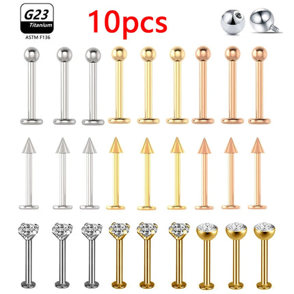 10pcs/Lot G23 Titanium Labret Lip Piercing Jewelry Not Allergic 16g 6/8/10/12mm Barbell Tongue Bar Tragus Snug Daith Earring