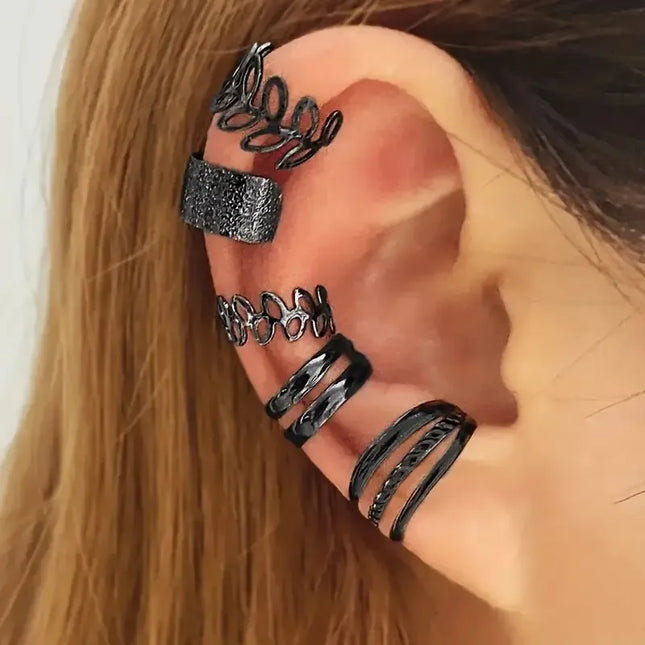 5pcs/set Trendy Elegant Design Ear Cuff Classic Elegant Style Gifts Women's No Piercing Clip Silver Circle Leaf Shaped Earrings