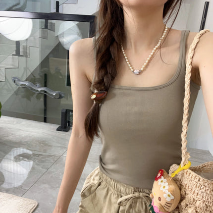 Women's Vest with Built-in Bra Pad Elastic Ribbed Square Collar Csole Tank Top ort Length  Color Versatile Summer F...