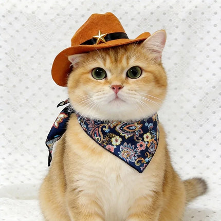 Pet Cowboy Hat with Bandana Western Style Star Decor for Cats Dogs Small Large Sizes Party Cosplay Costume
