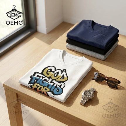 Men's Mesh T-Shirt - Oversized V-Neck with 'God Fights for Me' Graphic Print Perfect for Summer Available in Sizes S To 6XL